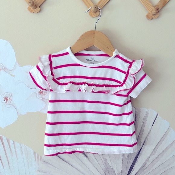 Oliver & Rain Organic Cotton Pink Stripe Ruffle Tee, 18M - Picture 1 of 7